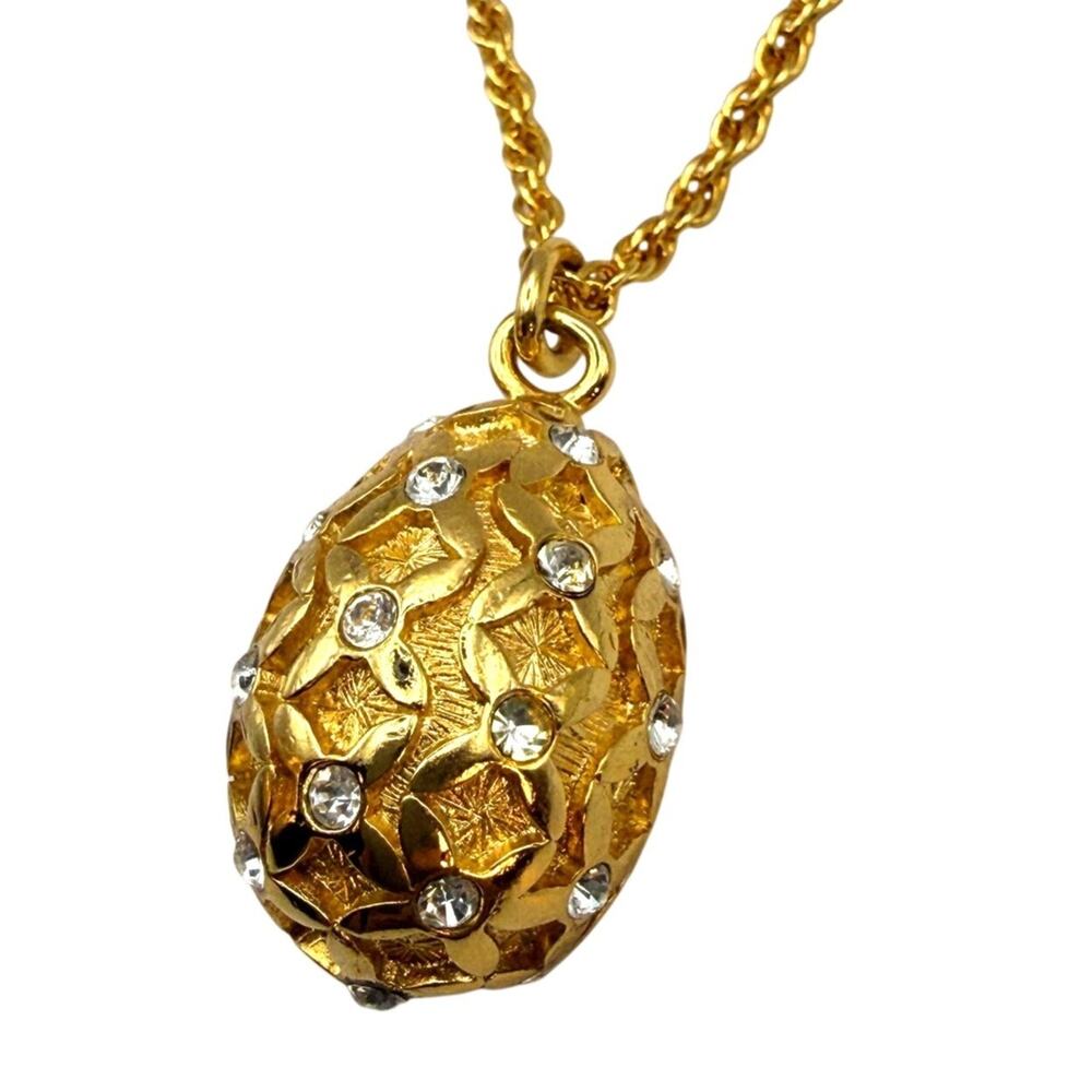 NWOT JOAN RIVERS Photo Faberge Egg Crystal Gold Electroplated Necklace 34"